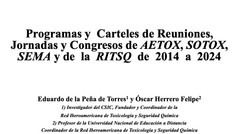 Programas y Carteles de Reuniones, Jornadas y Congresos de AETOX, SOTOX, SEMA y de la RITSQ entre los años 2014 y 2024